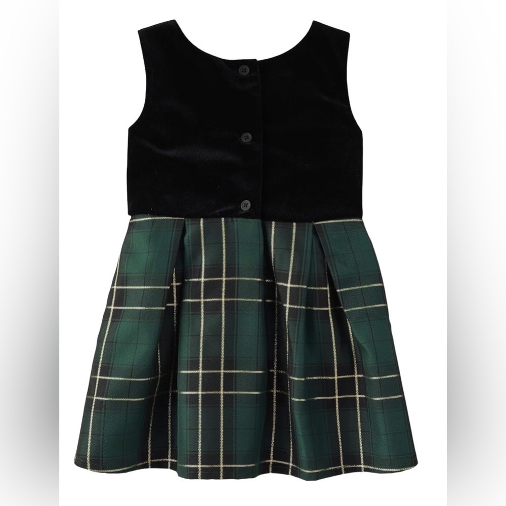 The Children’s Place Girls Holiday Dress 5T Black Velvet Green Plaid Sleeveless - Picture 2 of 8